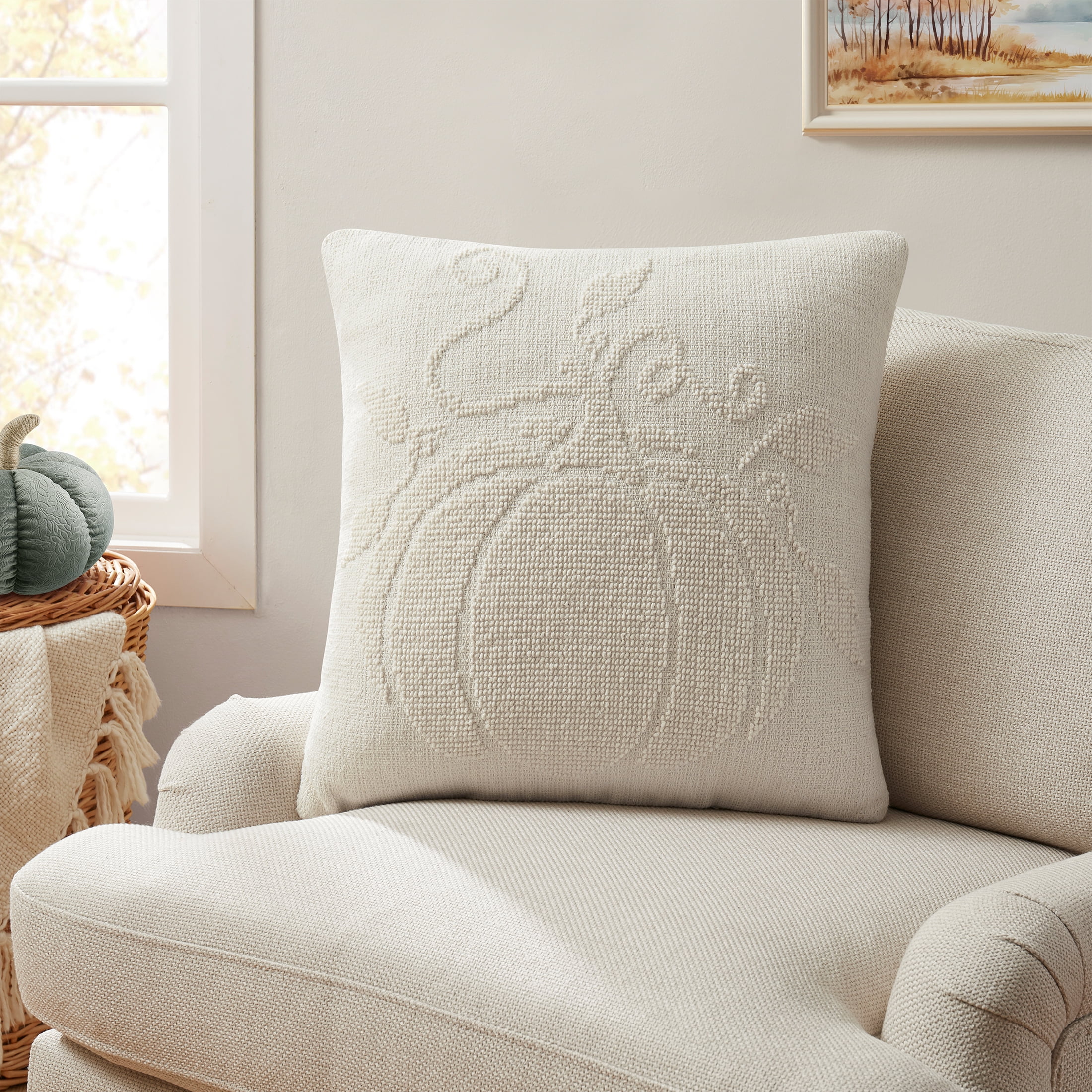 My Texas House Jill Ivory Needlepoint Pumpkin Cotton Decorative Pillow, 20 in x 20 in