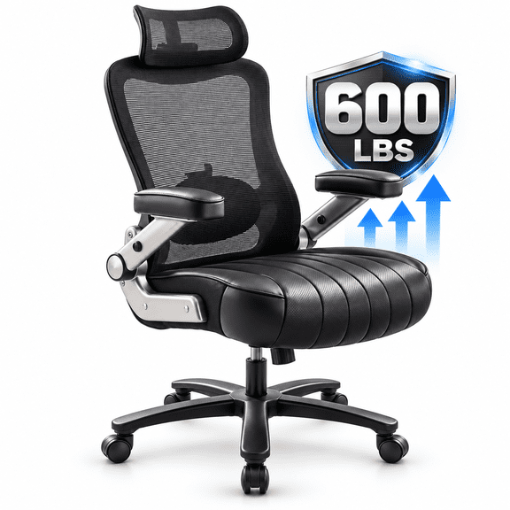 Big & Tall Ergonomic Office Chair, 600 lbs Capacity Heavy Duty Desk Chair with Extra Wide Thick Seat, Mesh Back & Flip-Up Armrests, Black