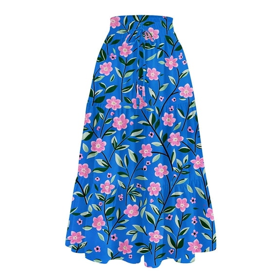 WTOBBY Women's Summer Floral Print Drawstring Skirt Elastic Waist Maxi Skirt Lightweight Beach Skirt Flowy Tiered Boho Long Skirt with Waist Tie and Pockets,Blue S
