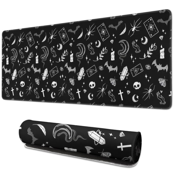 Long Mouse Pads for Desk,Black Gothic Skull Spider Pattern Desk Mats on Top Of Desks, Desk Mouse Pad Extra Large with 3mm Non-Slip Base and Stitched Edge for Gaming,Office,Work,Home 31.5"x11.8"