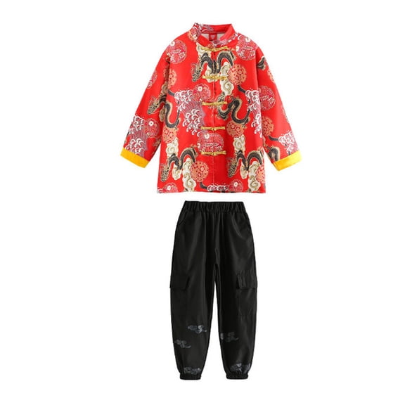 Ticikt Boy Tang Suit Loong Long Sleeve Shirt Chinese New Year Outfit Copper Coin Traditional Clothes Trousers for Kids,Color:Red,Size:4-5 Years