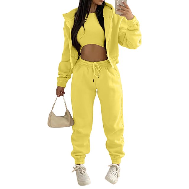 Daeful Ladies 3 Pieces Outfit Hoodies Tracksuit Sets Sports Solid Color Loose Fit Jogger Set Yellow S