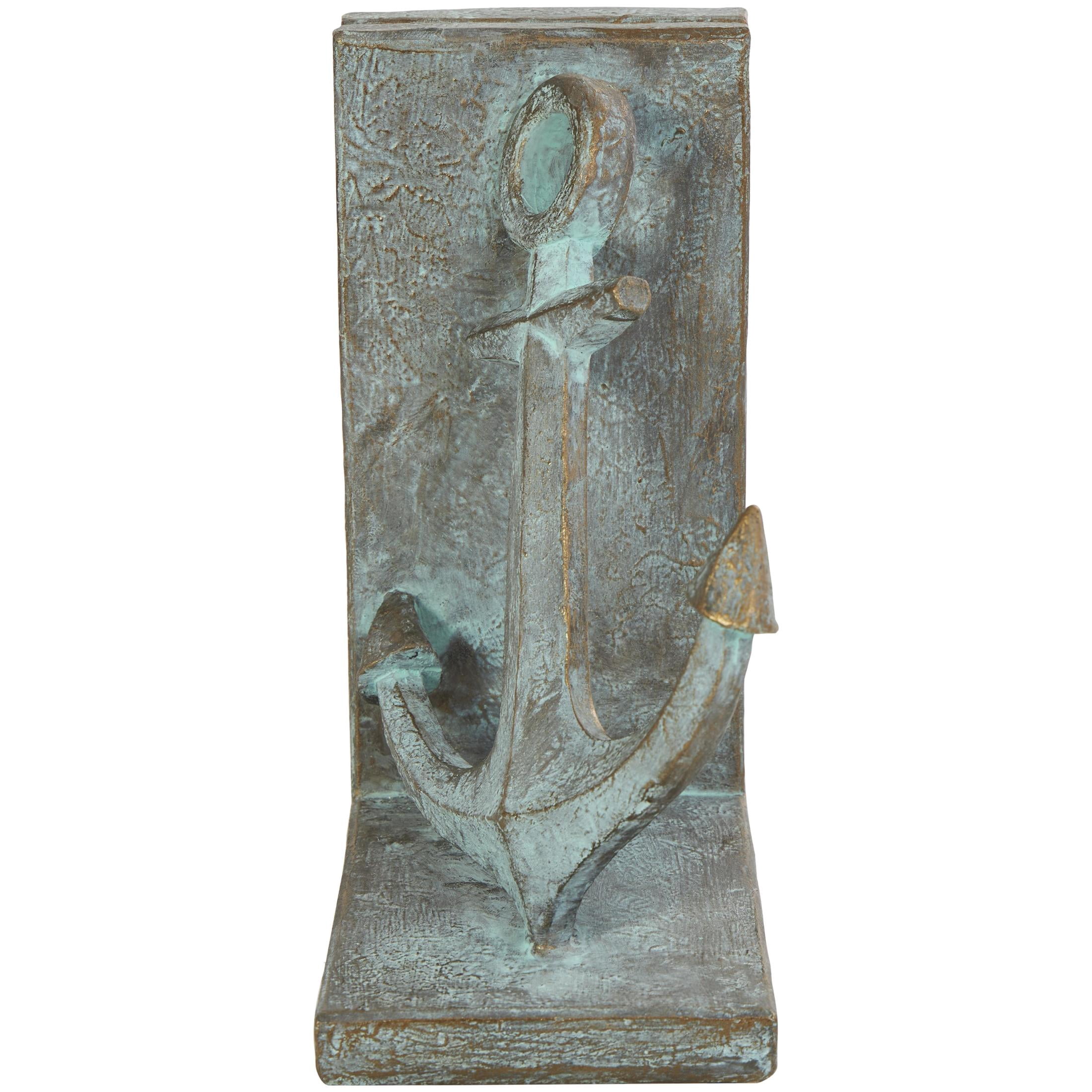 DecMode 4" Distressed Patina Anchor Blue Polyresin Bookends with Gold Foil Accents (Set of 2)