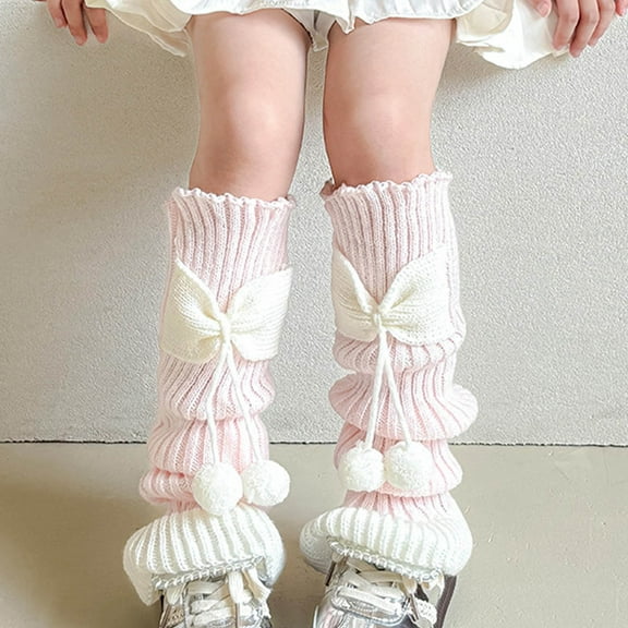 GUZOM Pink Soft Acrylic Knitted Knee High Leg Warmers - Ribbed with Bow & Pom Pom, Cute Whimsical for Girls/Teen Girls, Ideal for Daily Wear/Indoor/Cosplay,Size 3-15T均码