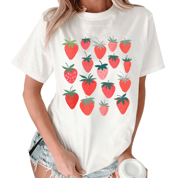 White Print Tshirt Strawberry Cluster Gift For Gardeners Shirts S-5XL Tops