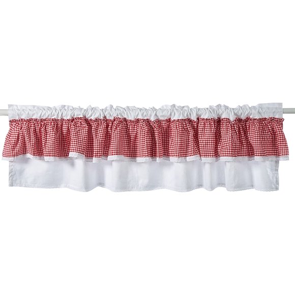 Cotton Cafe Curtain Country Rural Style Red and White Checked Kitchen Curtain/ Gingham Short Window Valance with Lace 150x40cm