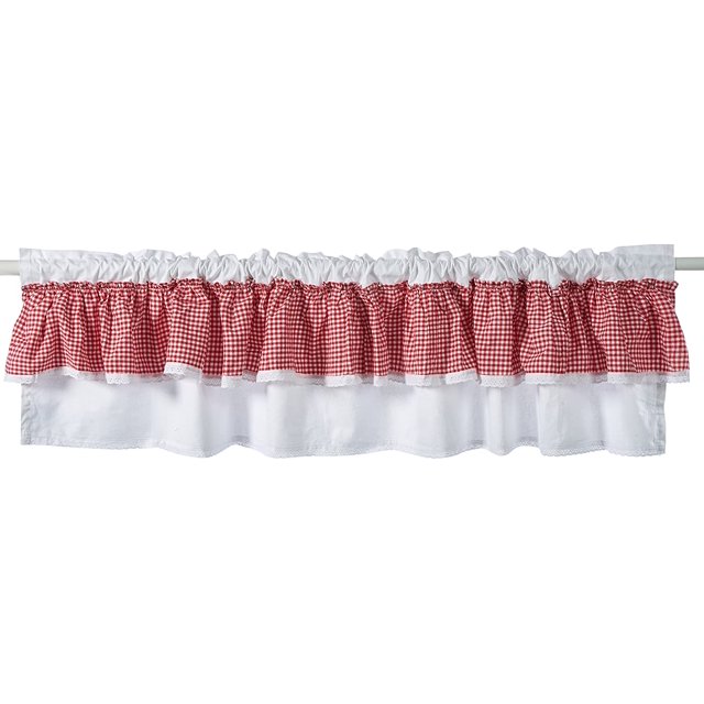 Cotton Cafe Curtain Country Rural Style Red and White Checked Kitchen Curtain with lace crochet border, measuring 150x40cm. This gingham short window valance features a rod pocket design for easy hanging. Made of 100% cotton twill cloth, soft and breathable. Ideal for kitchen, cafe, bathroom, laundry room, or kids' bedroom decor.