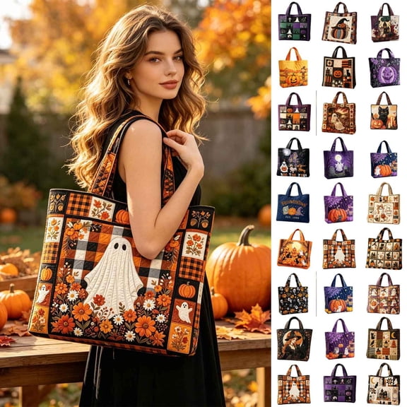 Halloween Quilted Tote Bag,Reusable Shopping Tote Large Capacity Trick or Treat Bag Fall Gift for Women Daily Commute Travel Shoulder Strap Handbag