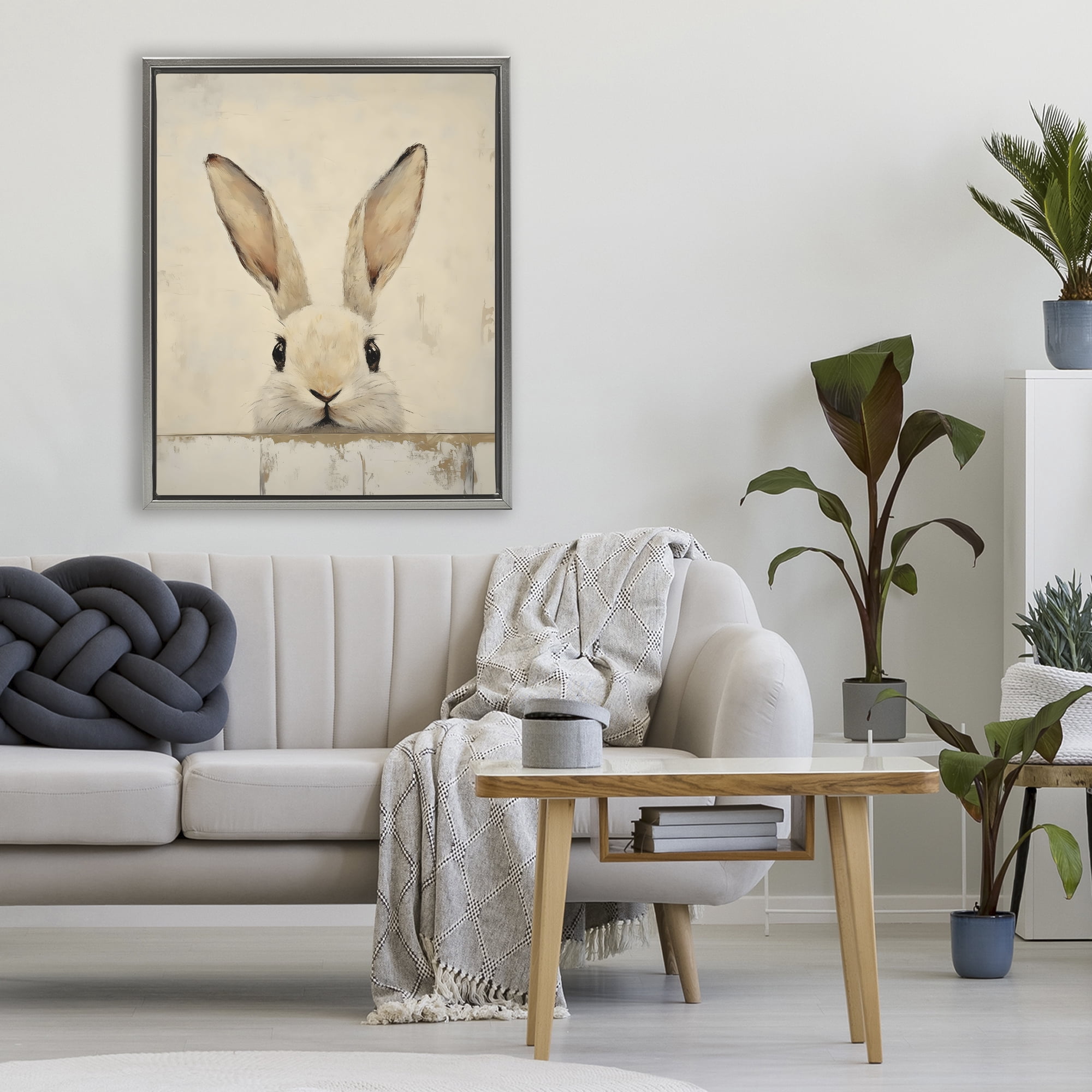 Stupell Industries Peeking Bunny in Soft Neutrals Gray Framed Floater Canvas Wall Art, design by LSR Design Studio