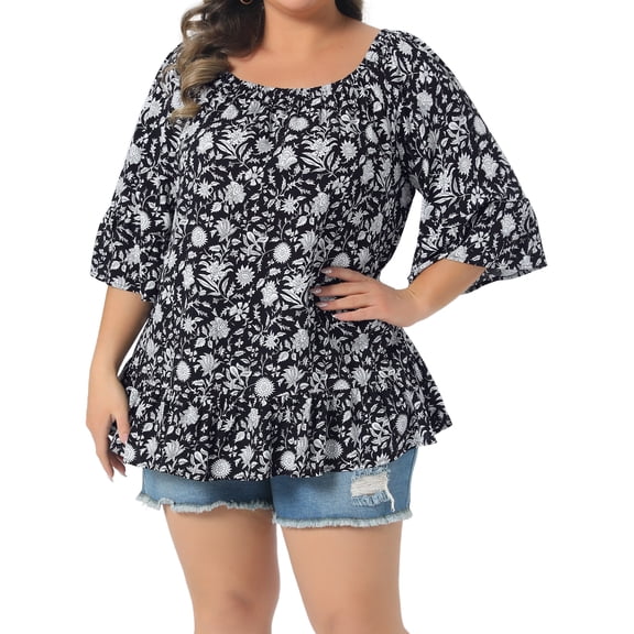 DARING DIVA Women's Plus Floral Half Sleeve Off Shoulder T Shirt Blouse 1X Black