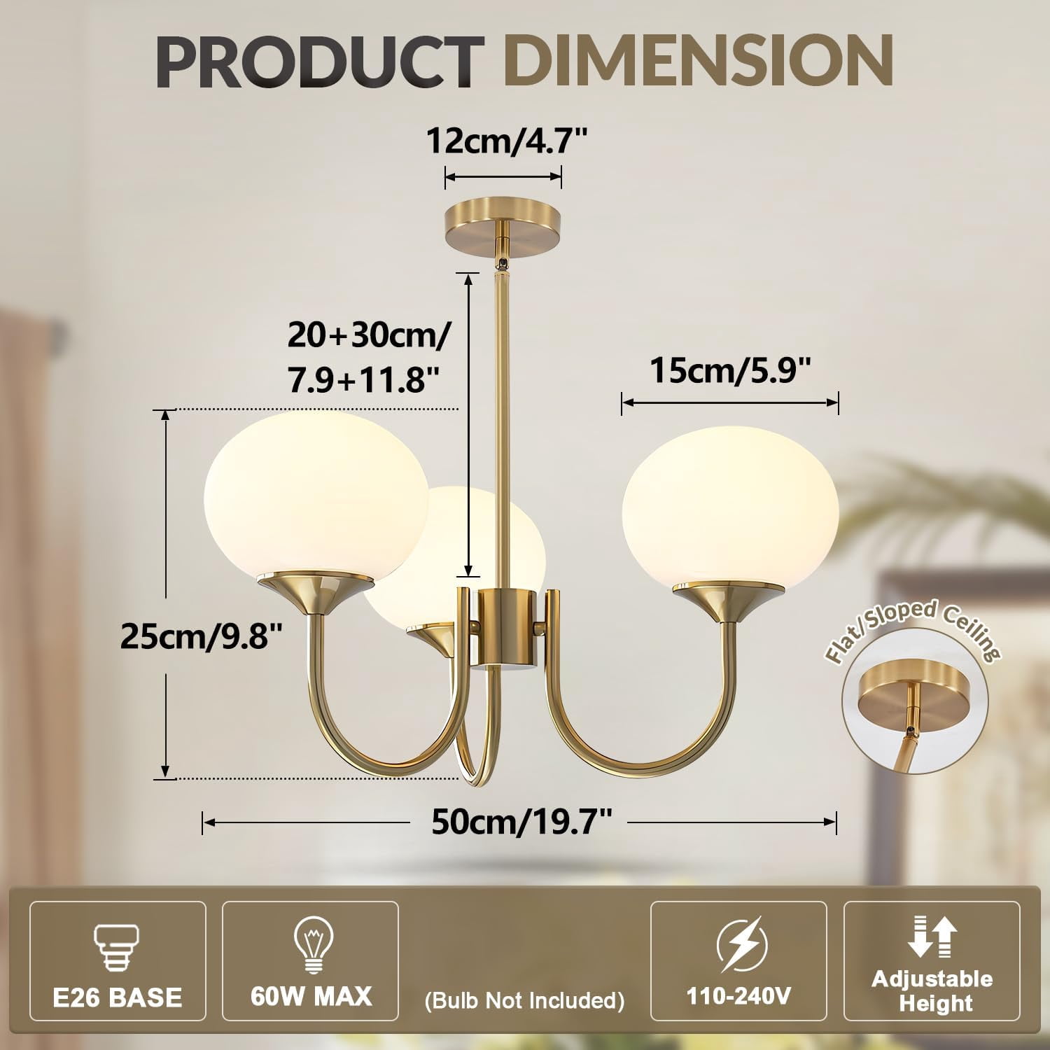 KCO Lighting 3 Light Vintage Gold Chandelier Milk Glass Globe Chandeliers Dining Room Kitchen
