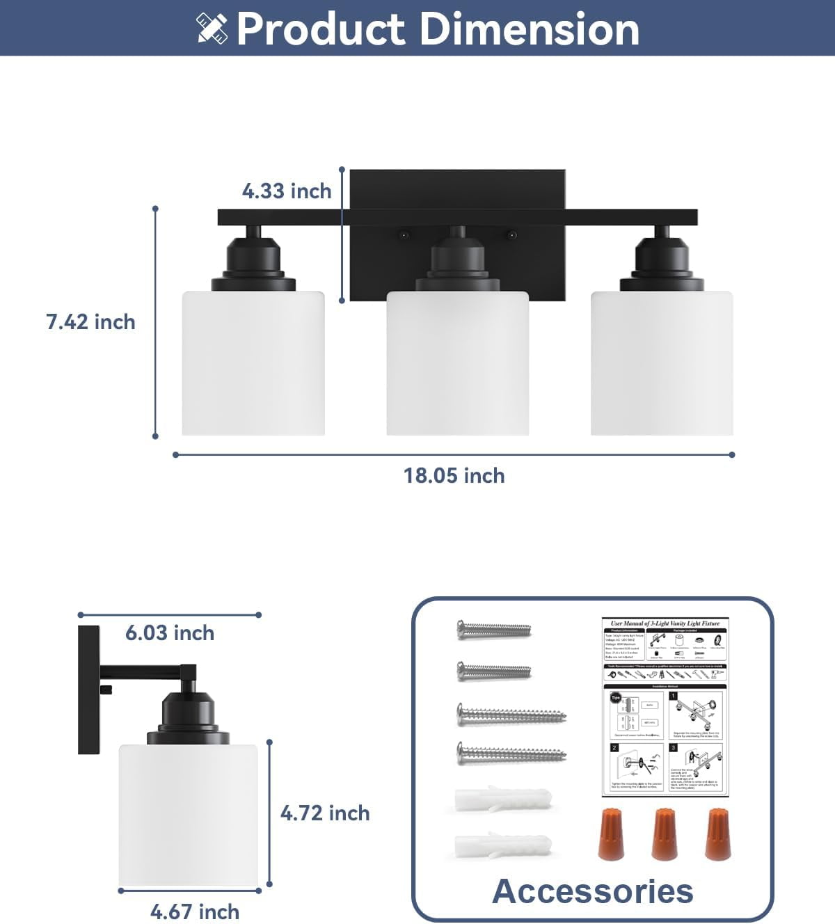 Hansang Modern 3-Light Vanity Light Fixture, Black Finish with Frosted Glass Shades, Bathroom Wall Lighting, Bulbs Not Included