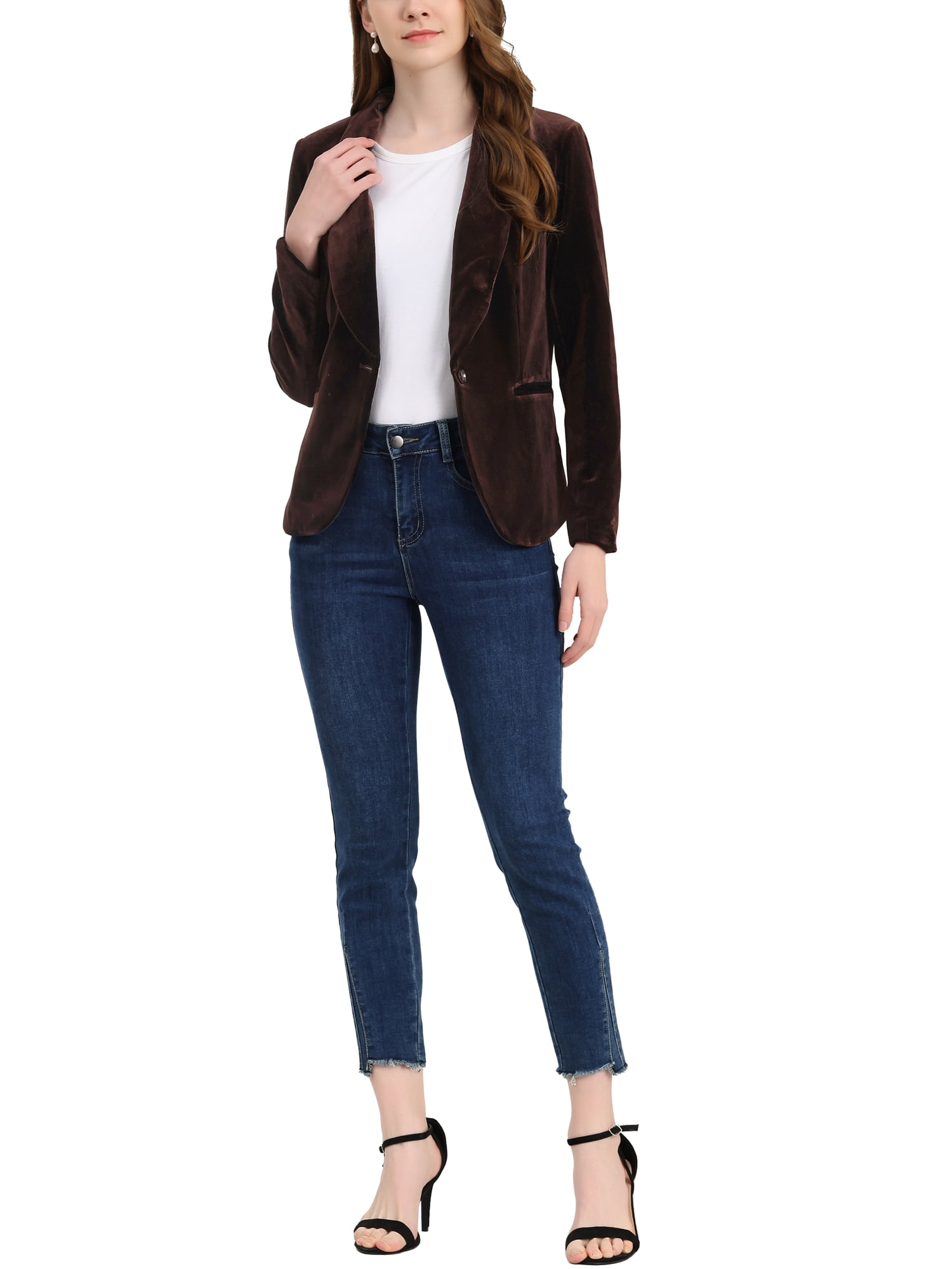 DARING DIVA Women's Velvet Office Coat Solid Shawl Collar Blazer M Deep Brown