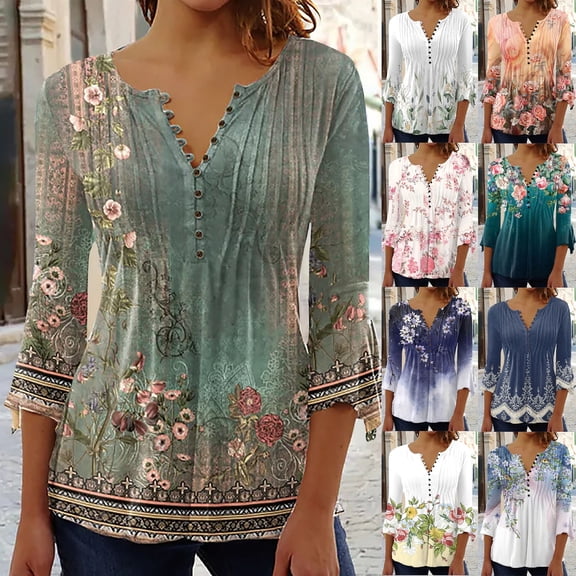 FRSASU fashionable and comfortable 3/4 Sleeve Tops for Women Fashion Floral Print Tshirts Fall Casual Loose V Neck Blouses Yellow