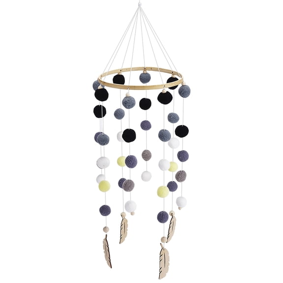 Wooden Crib Mobile Wind Chimes – Felt Ball & Feather Pendant Hanging Baby Mobile, Soothing Nursery Decoration