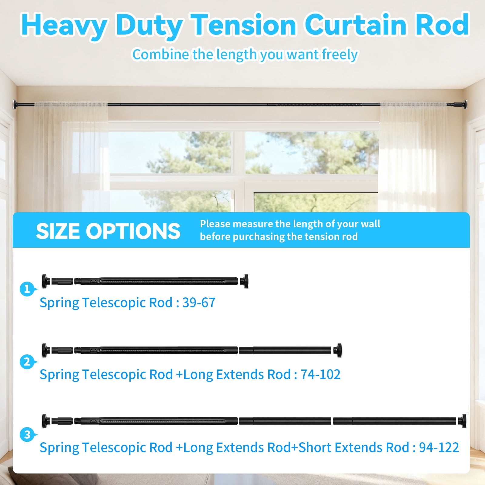 Ktinnead One-Push Tension Curtain Rod,94-122 in Extra Long Curtain Rods No Drill Adjustable Spring Shower Curtain Rod,Rustproof Steel for Window Patio Outdoor Bathroom,Matte Black