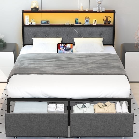 Queen Size Bed Frame with 2 Drawers & Charging Station, LED Metal Platform Bed with Storage Headboard, Gray
