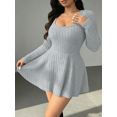 thumbnail image 3 of Women's Plus Size Long Sleeve Square Neck Ribbed Dress with Pockets A‑Line Mini Dress, 3 of 5