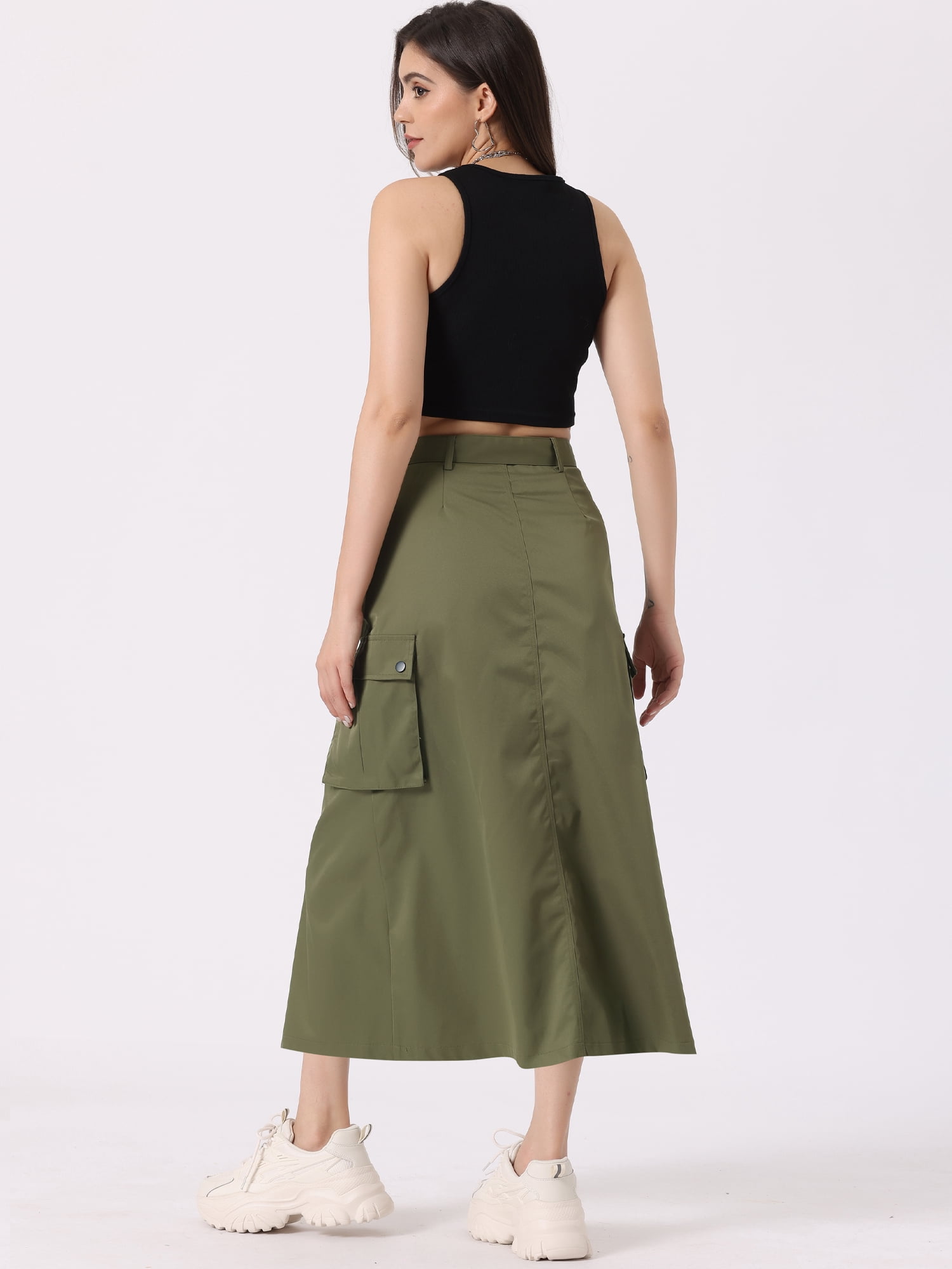 DARING DIVA Women's Stylish Versatile Y2K Cargo Long Skirt Vintage Streetwear S Army Green