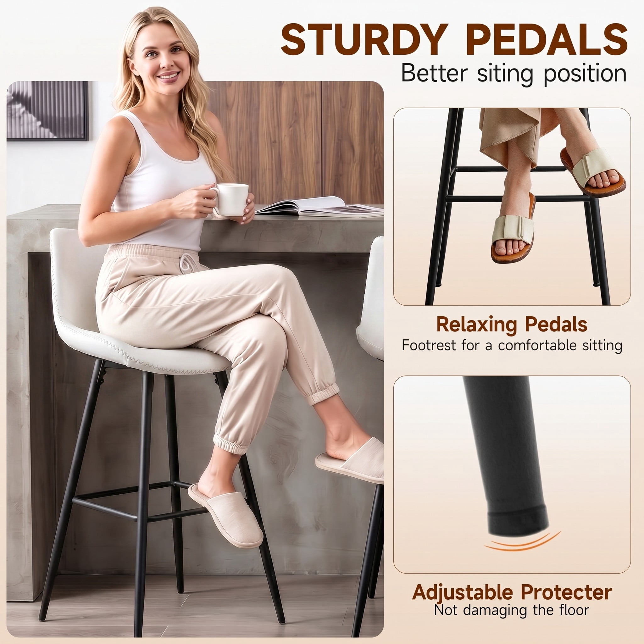 COOLHUT 24 Inch Bar Stools Set of 3, Counter Height Bar Chair with Footrest, Upholstered Faux Leather Bar Chair, Counter Stools with Sturdy Metal Legs, White