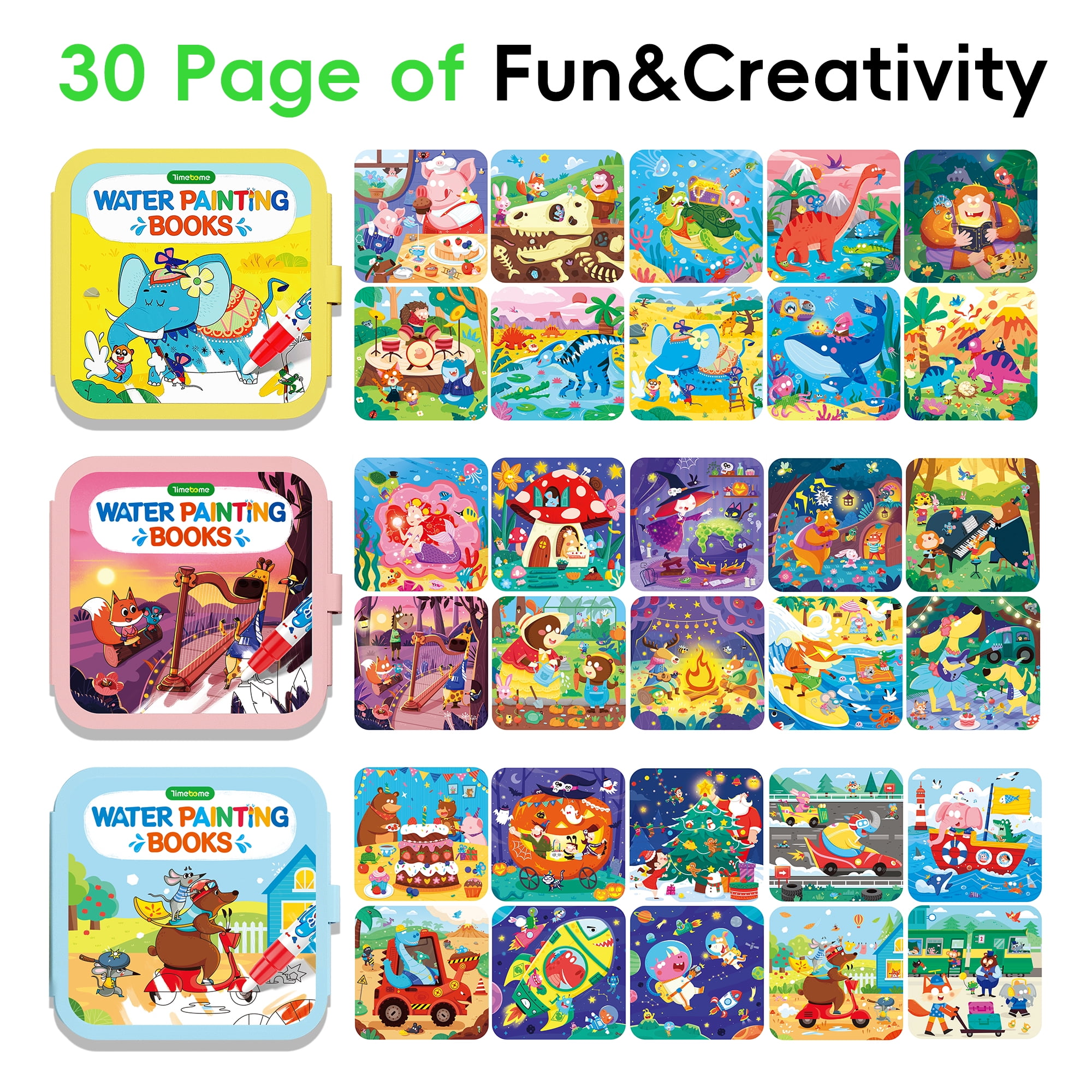 Timetome Reusable Water Painting Book - 3 Pack Magic Watercolor Books with Water Pens, 30 Coloring Book Pages for Kids Fairy Tale, Animal & Dinosaur Themes | No Mess Paint & Reusable Fun for Ages 3+