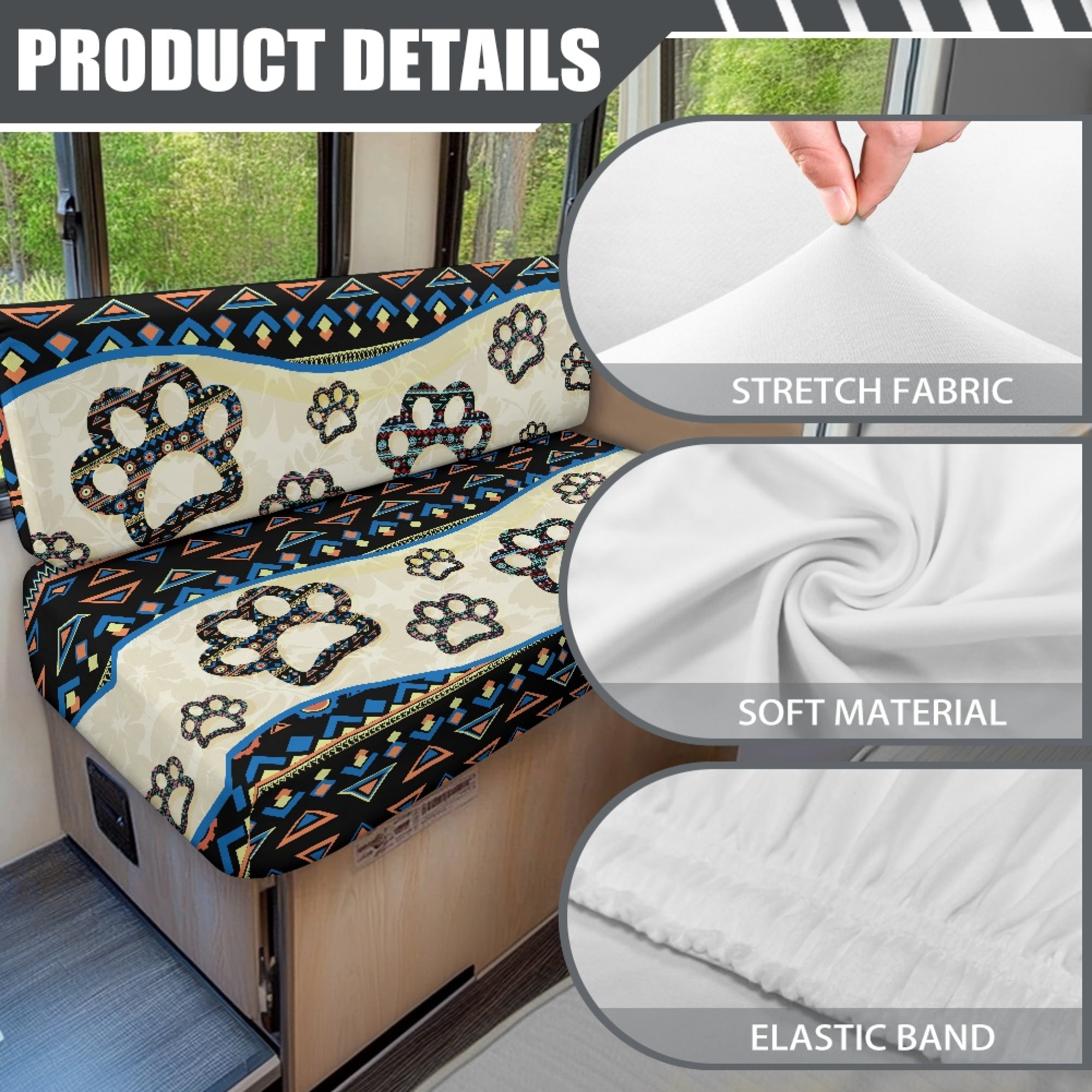 Yuyamidu Aztec RV Dinette Cushion Covers Set 1 Bench Cover 1 Backrest Cover Dog Paw Camper Cushion Covers Fashion Couch Cover for RV Camper Sofa RV Accessory Interior Decor