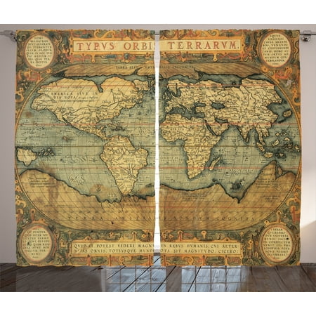World Map Curtains 2 Panels Set Ancient Old Chart Vintage