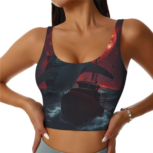 Balery Red Moon Shark Sailboat Sujetadores deportivos con espalda cruzada para mujer, acolchados, sin costuras, de alto impacto, ideales para yoga, gimnasio, entrenamiento y fitness.-Small