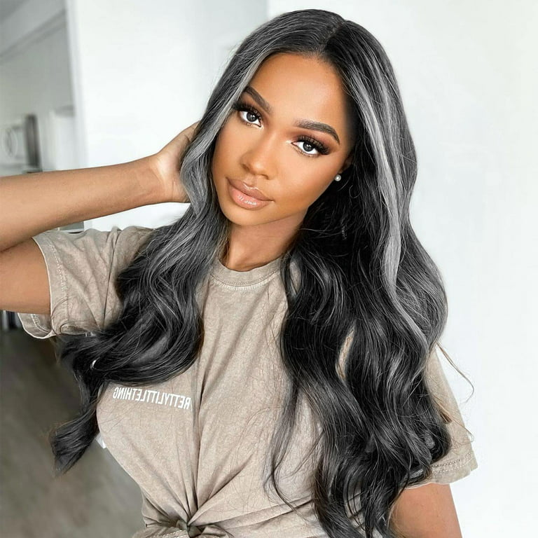 Highlight Grey Wig Human Hair Body Wave Lace Front Wig With Grey Highlights  Human Hair 4x4 Grey Highlight Lace Front Wig Human Hair Platinum Blonde  Highlight Wig For Black Women Hair 16