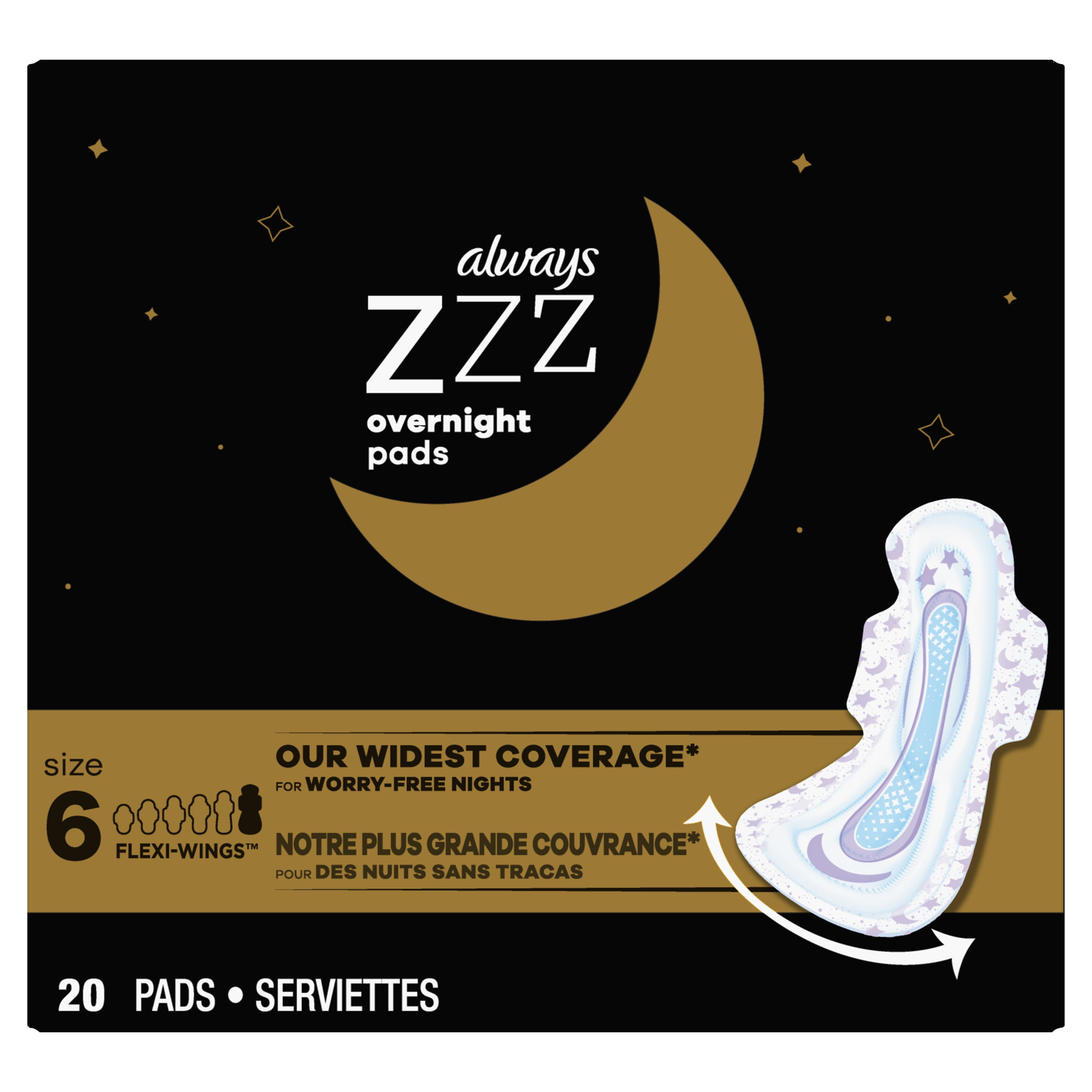 Always ZZZ Overnight Pads for Women, Size 6, Unscented with Wings, 10 Ct 