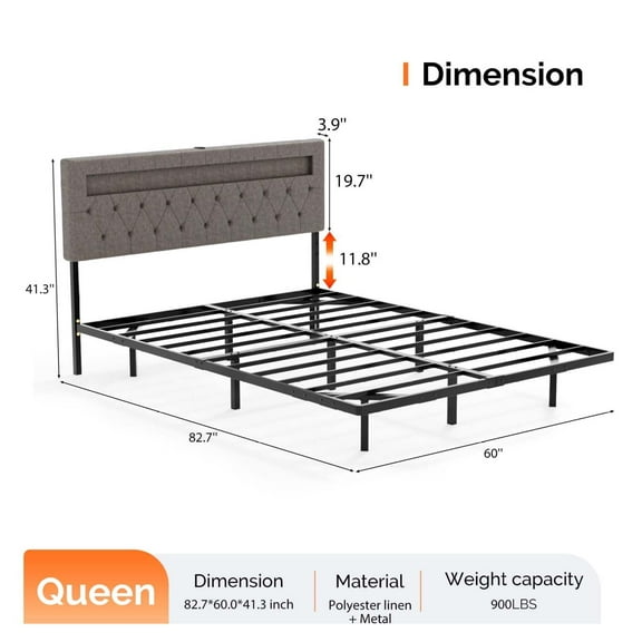 Wqmh Floating Bed Frame with LED Lights and Charging Station,Sturdy Metal Platform Bed,Hidden Storage Velvet Upholstered Headboard,No Box Spring Needed,Easy Assembly,Queen-Grey