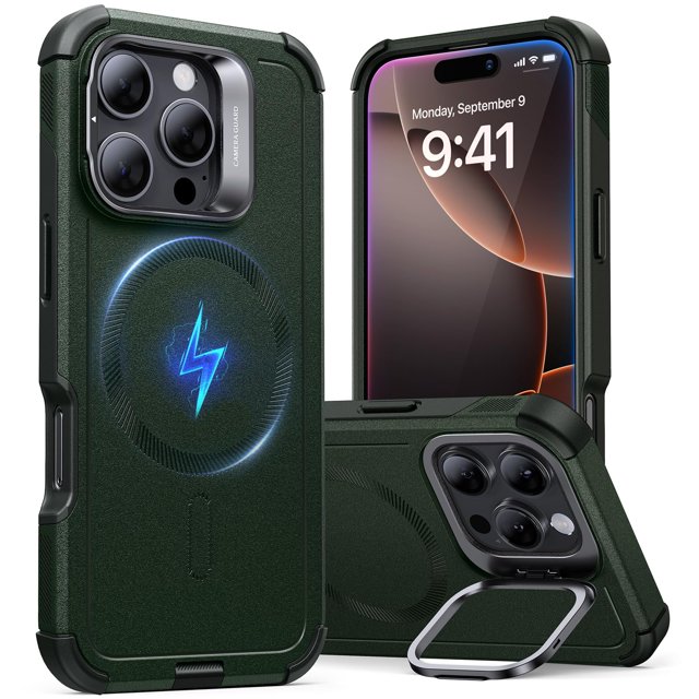 Funda de teléfono ESR para iPhone 16 Pro Max con soporte Green Cyber Series
