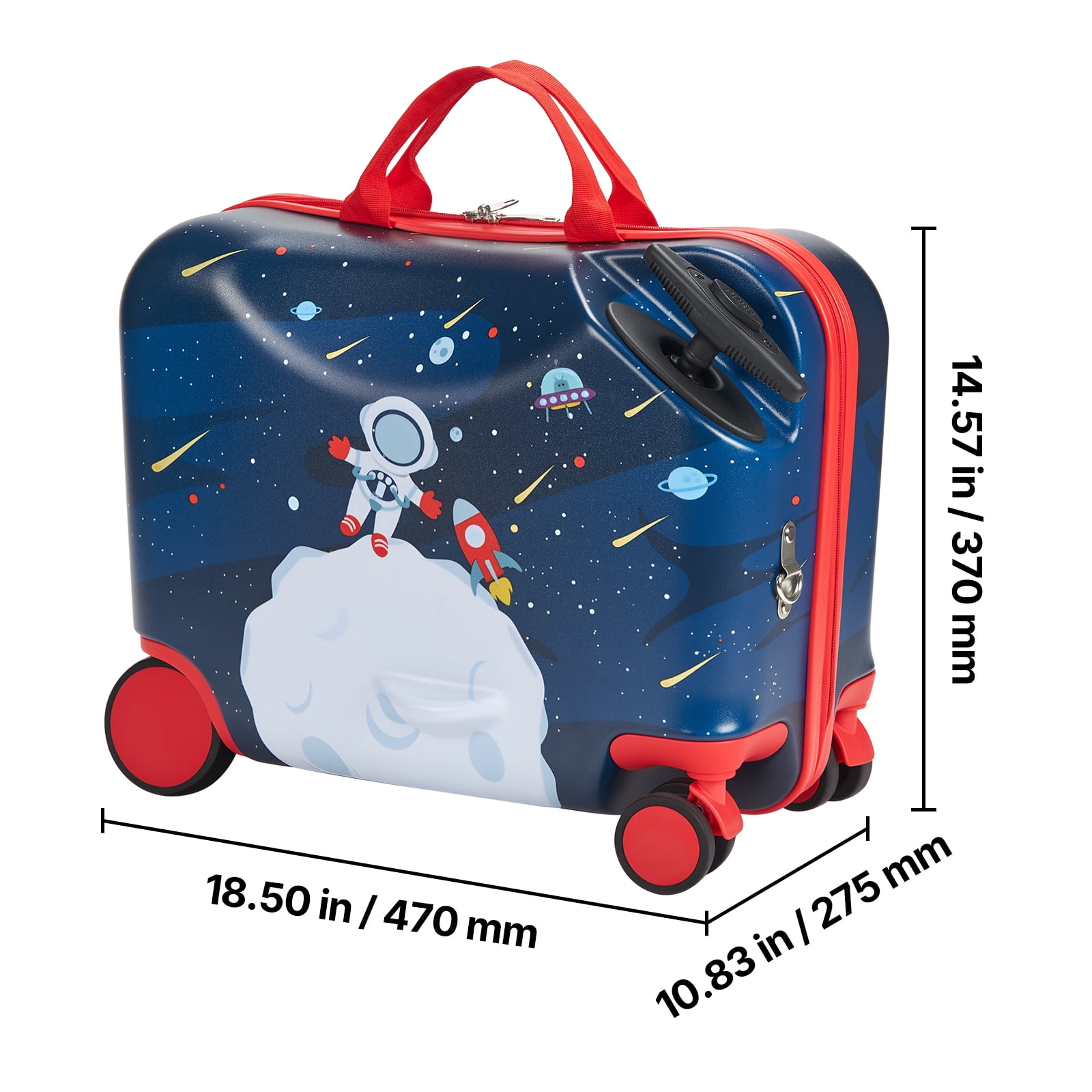 KFFKFF Ride-on Luggage, 26 L Capacity, 18-Inch Toddler Carry-On with Wheels, Adjustable Strap, Lightweight Kids Suitcase for Ages 3+, Blue & White