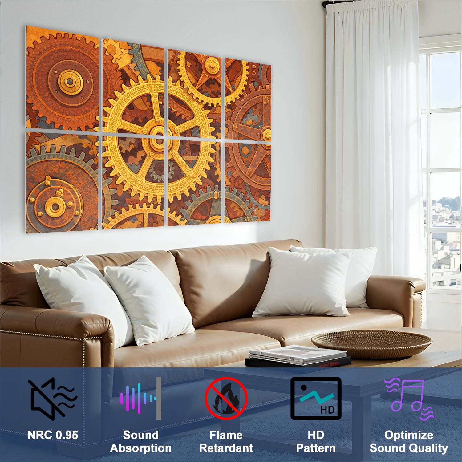 8 Pack Art Acoustic Panels Sound Absorbing Steampunk golden Decorative Soundproof Wall Panels Self Adhesive for Nursery Game Room Bedroom 48"x32"