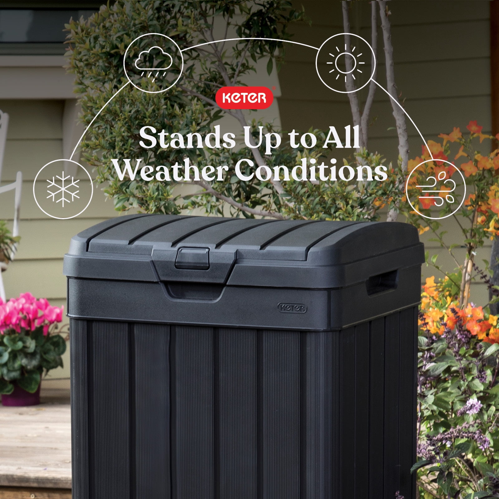 Keter Baltimore 38 Gallon Resin Outdoor Kitchen Trash Can Duotech Garbage Can, Black Woodlook