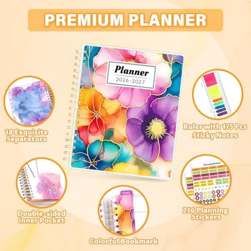 Planner 2026-2027, Large 18 Months Academic Daily Weekly Monthly Planner Yearly Agenda Jan. 2026–June. 2027, 7.9" x 9.8", Page Tabs, Separator Page, Pocket Folder, Bookmark, Stickers, Sticky Note Set