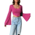 thumbnail image 3 of Cenuakty Women´s Textured Crop Tops Long Sleeve Scoop Neck Hanky Hem Solid Color Slim Fit T-Shirt Streetwear, 3 of 6