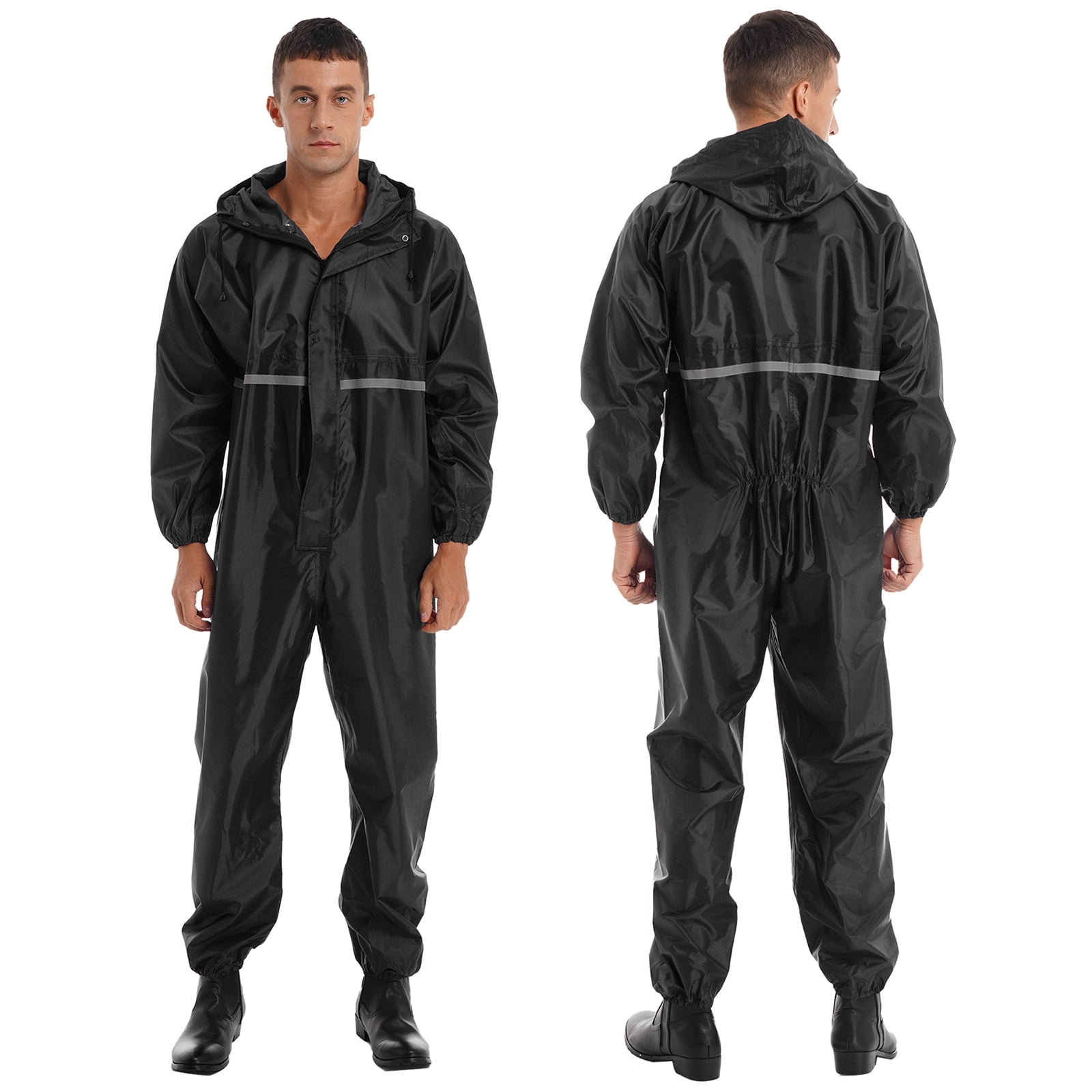 iiniim Mens One Piece Rain Suit Reusable Waterproof Hooded Raincoat Reflective Zipper Jumpsuit