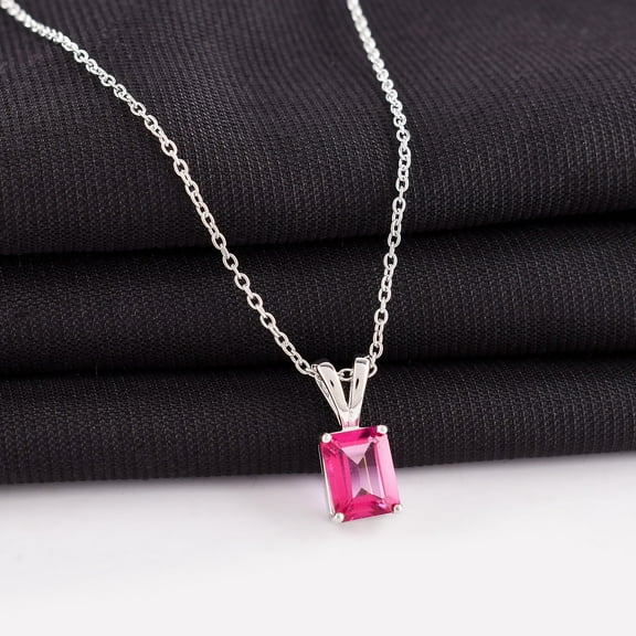 QNAVIC Mystic Pink Topaz Crystal Step Cut Dainty 4-Prong Pendant Necklace For Women, Chakra Healing Stones, Birthstone Jewelry, Rhodium Plated 925 Sterling Silver Chain 18 inch, Wedding Gift for Her