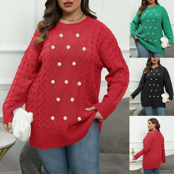 FRSASU Women's Fall/Winter Plus Size Sweater Pullover Round Neck Nail Beads Long Sleeve Loose Casual Sweater Top Red XL(XL)