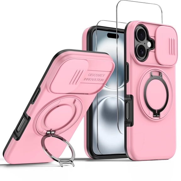 for iPhone 16 Rugged Case,Build with Rotating Kickstand,Slide Camera Protection Cover,2pcs Screen Protector,Shockproof Cover For iPhone 16 6.1"(Pink)