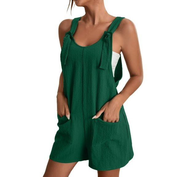 SUYOLL Women'S Romper Tie Shoulder Solid Color Overall Shorts Scoop Neck with Pockets Soft Breathable Casual Athleisure