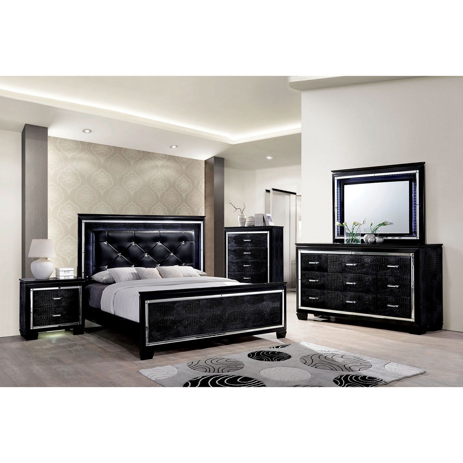 5pc Queen Size Bed Set Luxurious Bedroom Furniture Dresser Mirror 2x Nightstands Black Color