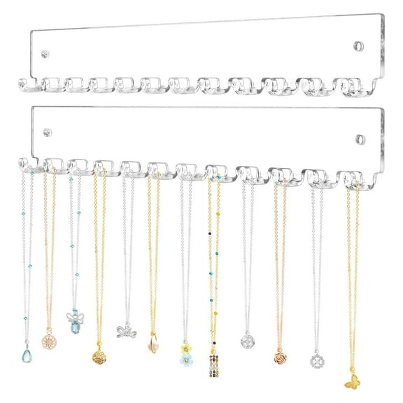 Acrylic Necklace Holder 2 Pack Wall Mounted Necklace Organizer Hanging Jewelry Organizer with 12 Hooks for Necklaces, Bracelets, Rings and Bangles Display