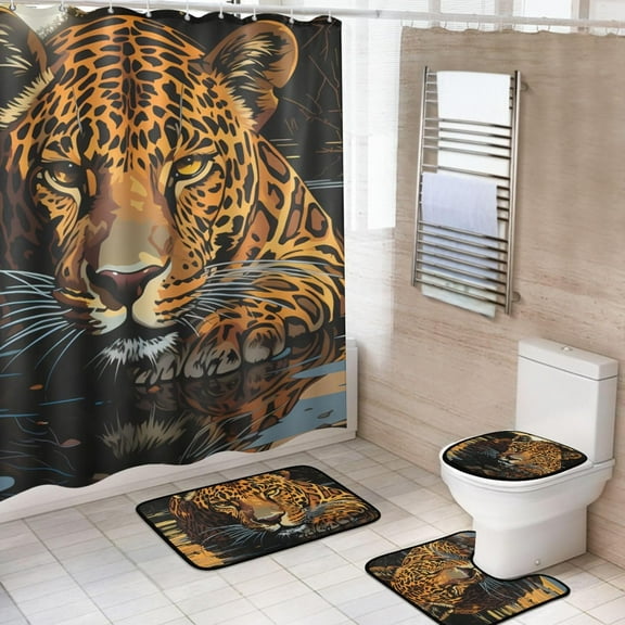 Shower Curtain Set 4 Piece for Bathroom Decoration, Tiger Bathroom Sets with 1 Fabric Shower Curtain and 3 Non-Slip Bathroom Rugs Accessories with Hooks