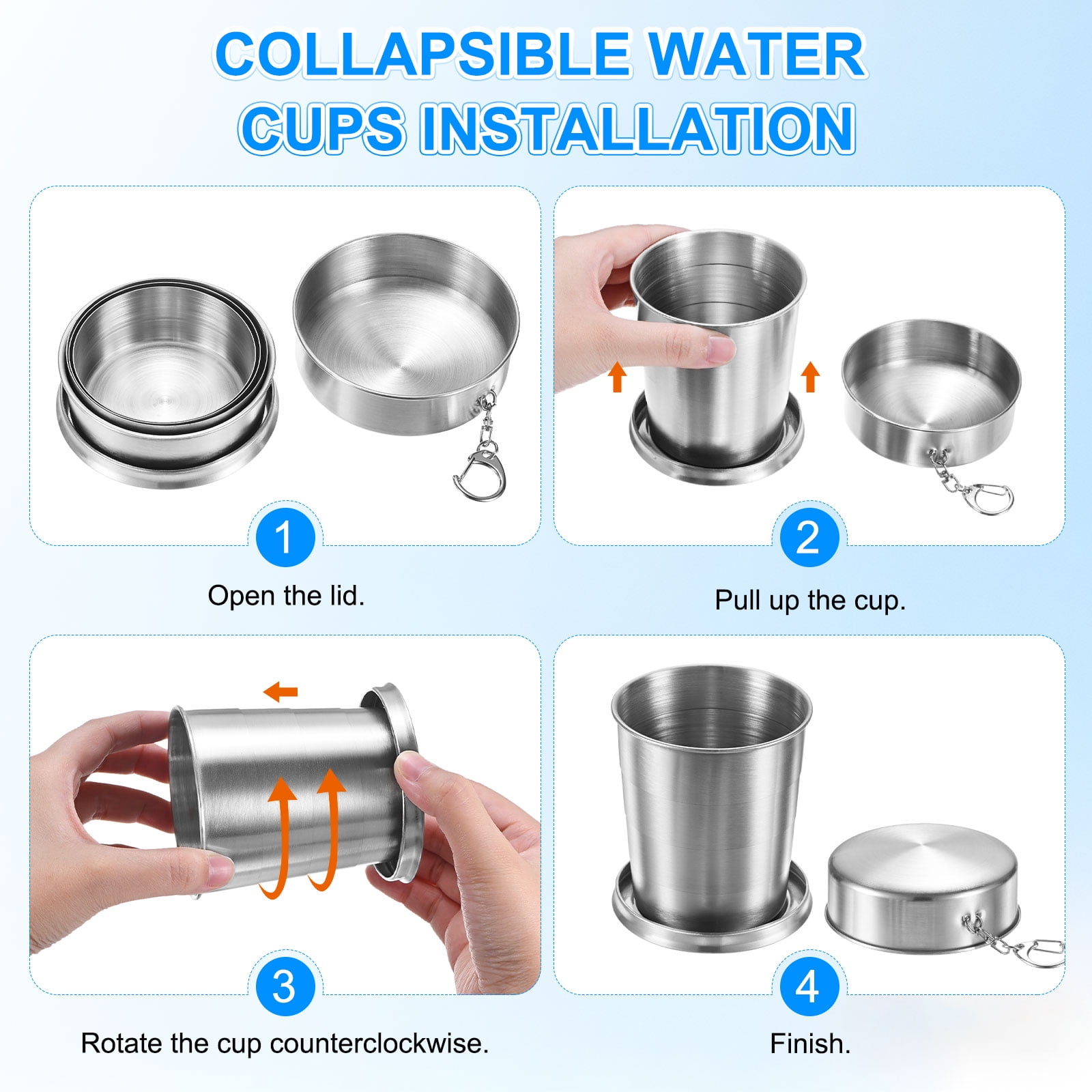 Uxcell 2 Pack Stainless Steel Collapsible Travel Cup, 15oz(450ml) Reusable Collapsible Metal Cup Portable Foldable Water Bottle with Lid and Keychain