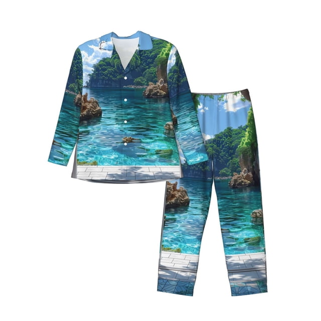 Fotbe Tropical Paradise Window View Pijama de Hombre con Estampado de Manga Larga, Conjunto de 2 Piezas, Ropa de Dormir Suave y Cómoda con Bolsillos-XX-Large