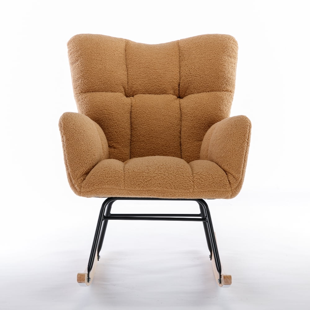 Oufan Leisure Rocking Chair With Upholstered, Teddy Fabric Nursery Rocking Chair with High Backrest & Solid Wood Frame for Living Room, Bedroom