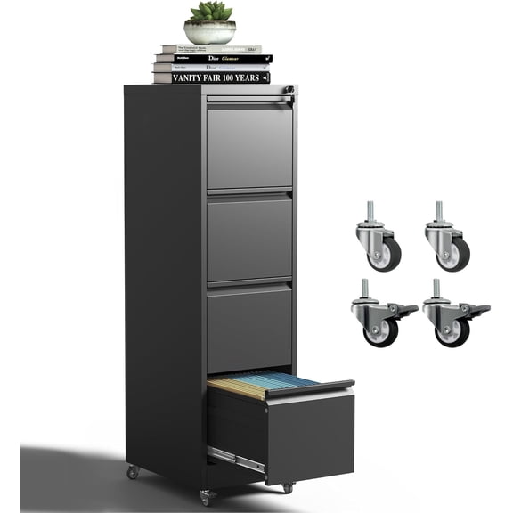 BIZOEIRON 4 Drawer Mobile File Cabinet with Lock, Metal Rolling Filing Cabinet with Wheels for Hanging Legal/Letter Size Files, White
