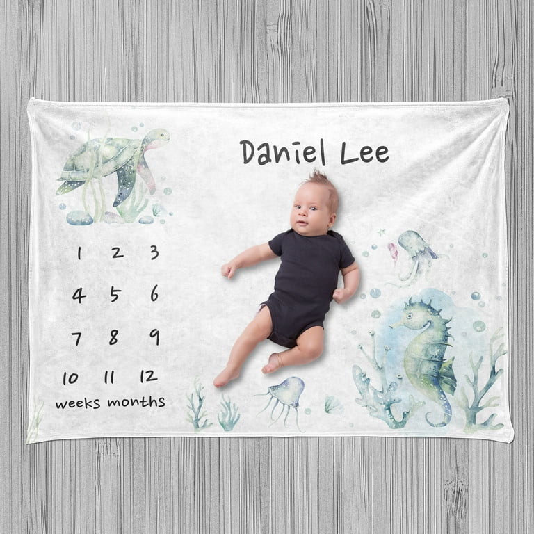 Nautical Milestone Blanket Watercolor Style Turtle Jellyfish Seahorse and Corals Painting Minimal Growth Chart with Custom Names Photography